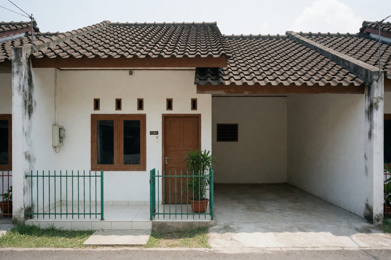 Tampak depan rumah subsidi satu lantai dengan dinding putih bernoda, kusen kayu cokelat, pagar besi hijau, dan carport semen