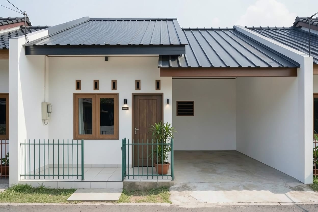 Rumah subsidi yang sama dengan fasad modern minimalis, dinding putih dan abu-abu, kusen gelap, dan pagar polos