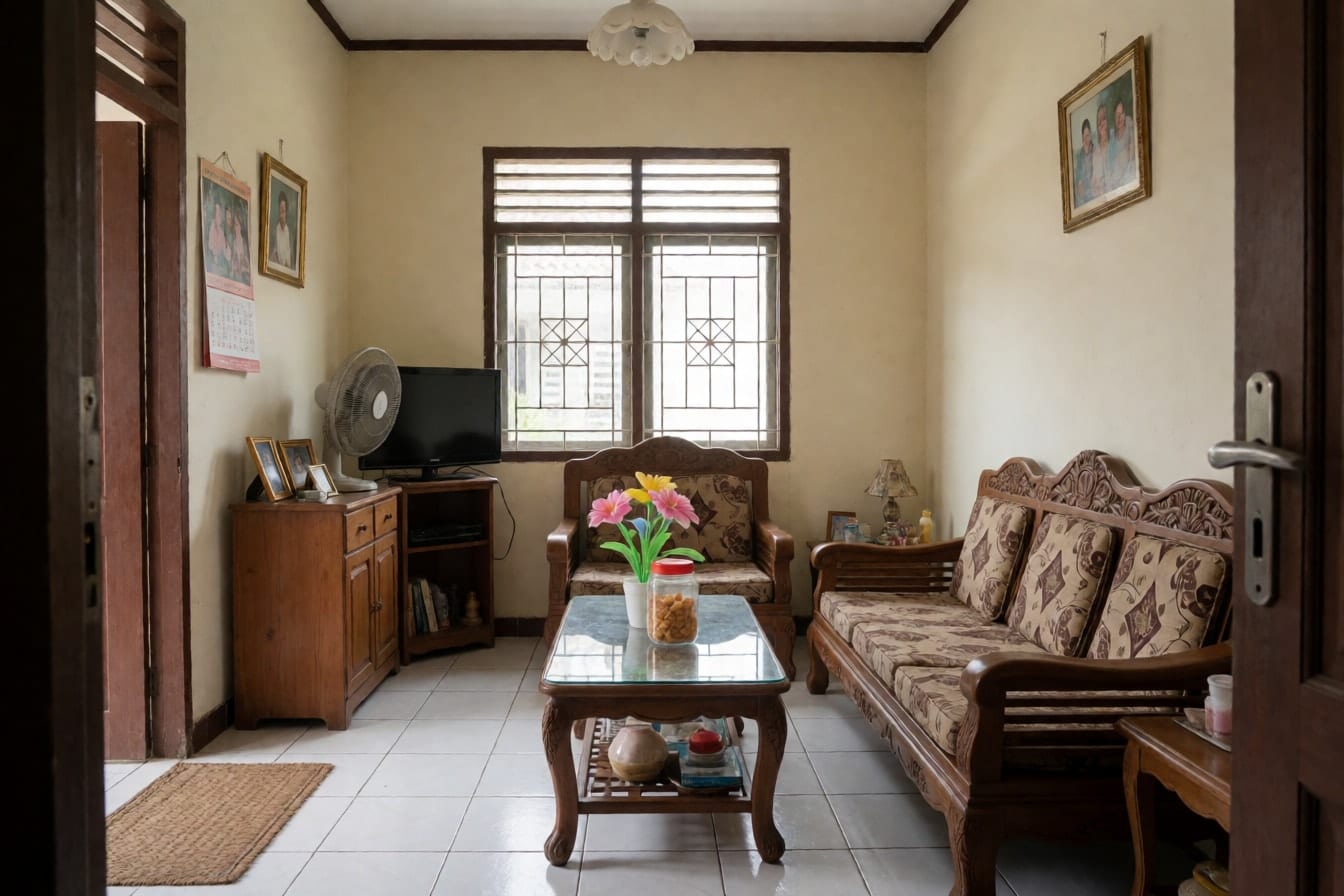 Ruang tamu kecil dengan sofa jati ukir bermotif, meja kaca berisi vas bunga plastik, lemari TV kayu penuh foto, dan lantai keramik putih