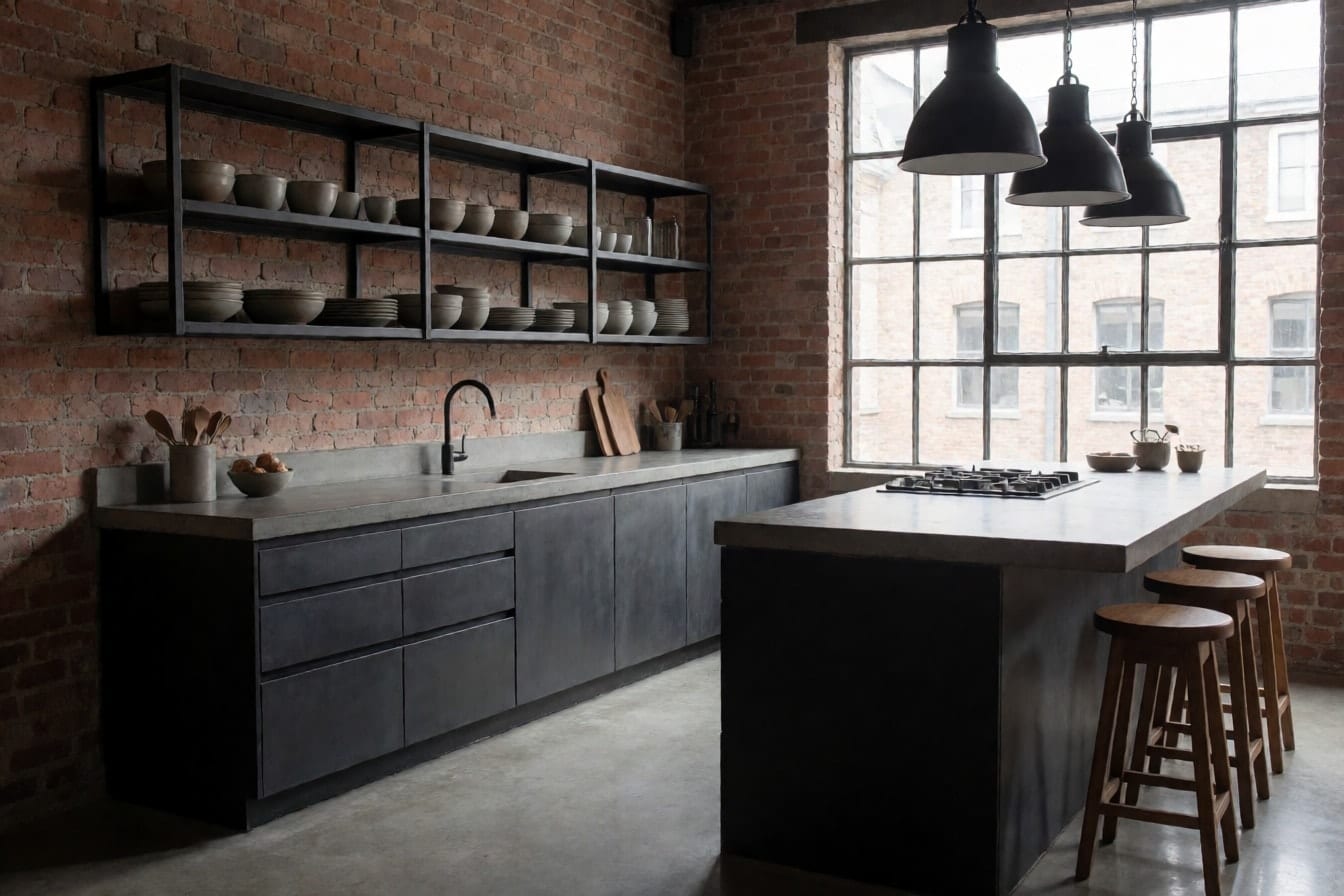 Loftküche im Industrial-Stil mit Ziegelwand, schwarzem Stahlregal, Betonarbeitsplatte und Pendelleuchten über der Insel