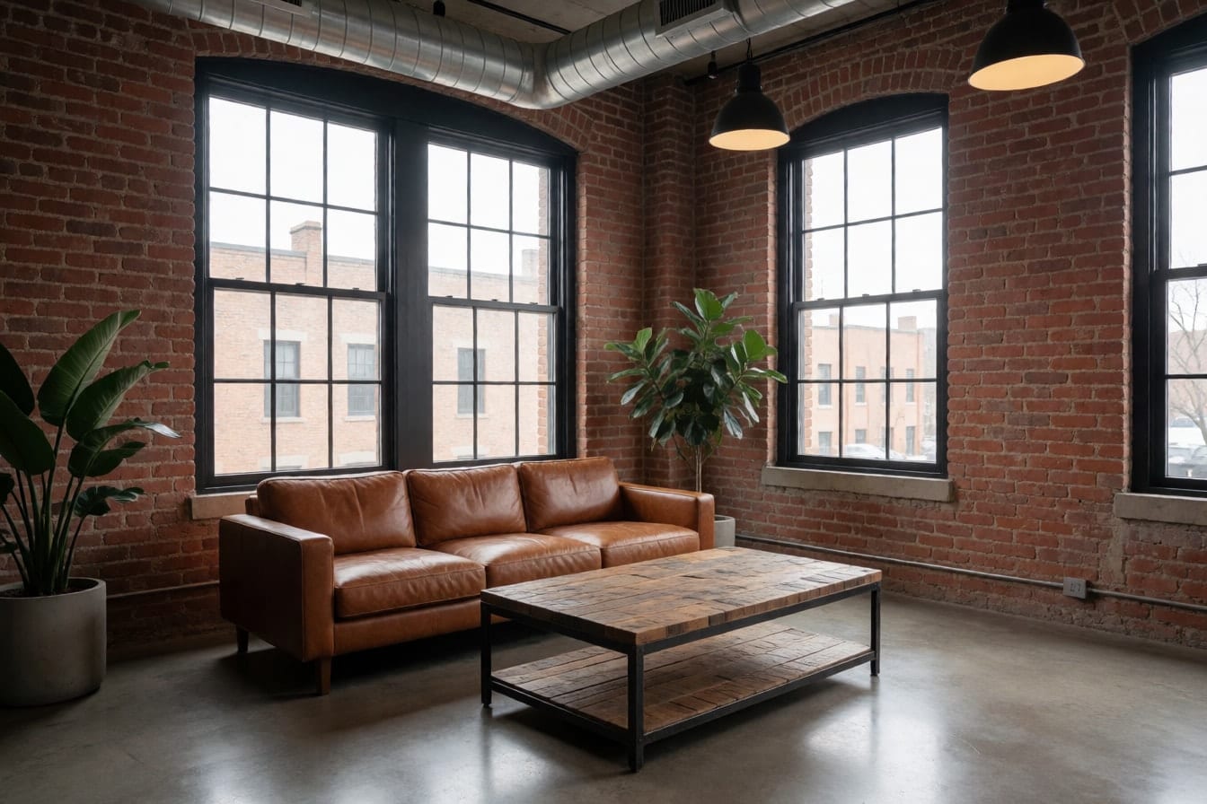 An industrial loft living room with a red brick wall, steel-framed windows and a leather sofa