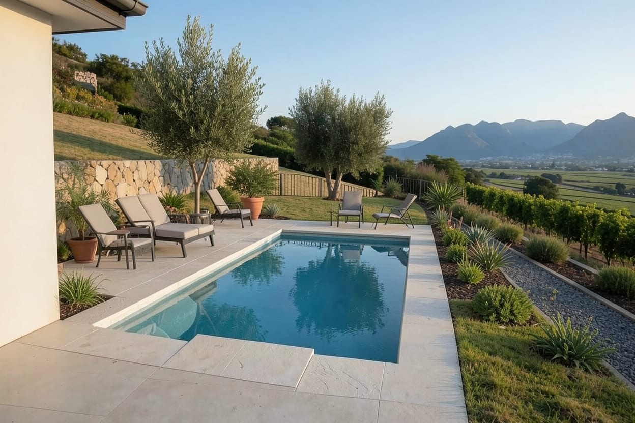 A sloping garden on a hillside near Cape Town, with an Infinity pool added.