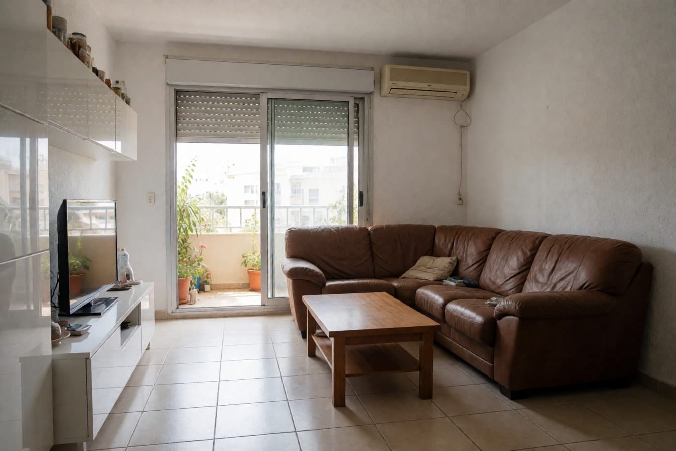 סלון ישראלי טיפוסי עם ספת עור חומה, מזגן מפוצל, תריס גלילה חצי מוגף ודלת יציאה למרפסת עם עציצים