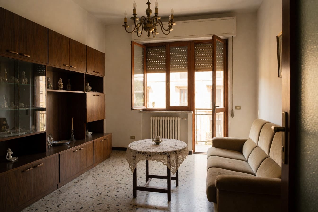 Soggiorno anni Settanta con pavimento in graniglia, parete attrezzata in noce, divano di velluto beige e lampadario in ottone