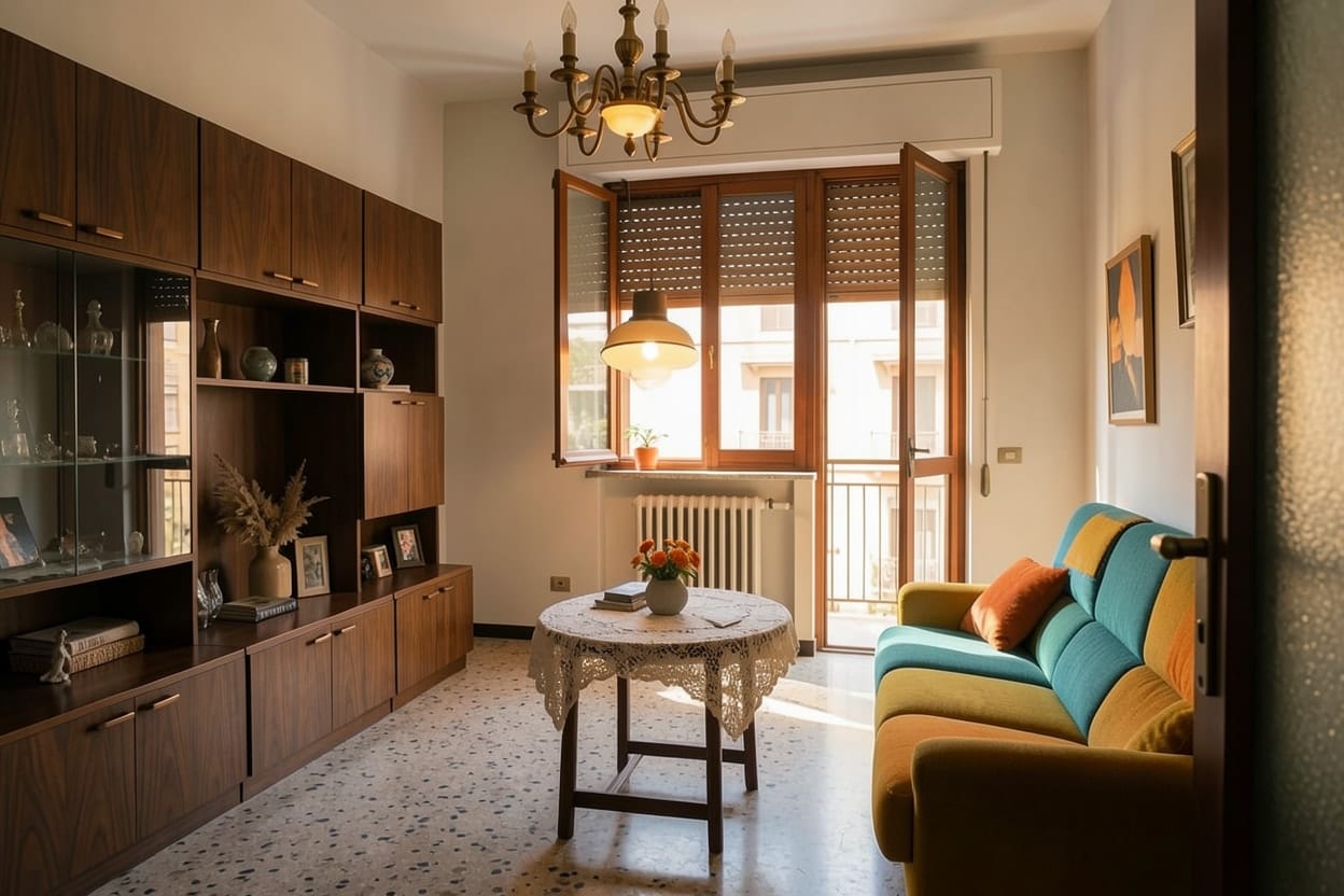 Il soggiorno di un appartamento anni Settanta rinnovato in stile mid-century, con il pavimento in graniglia e la portafinestra al loro posto