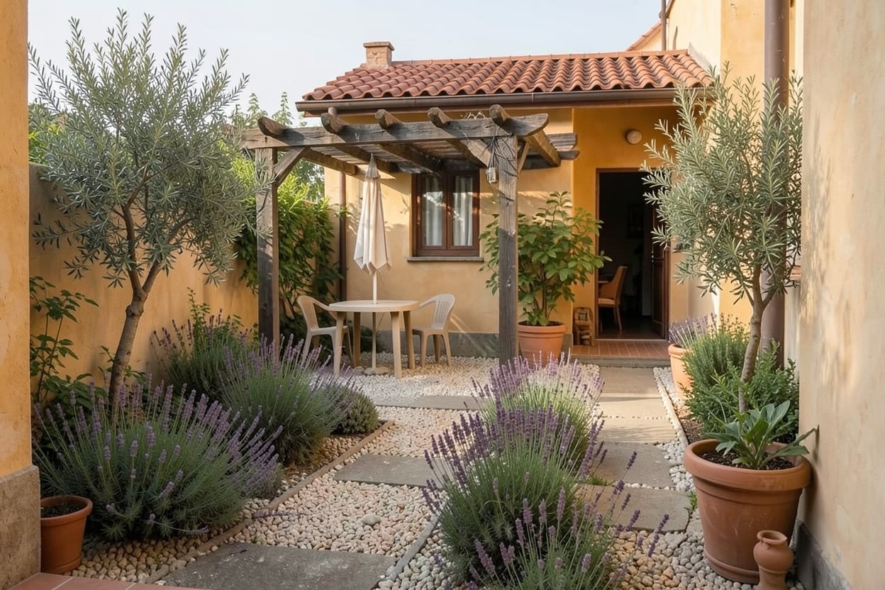 Lo stesso giardino della villetta ridisegnato in stile mediterraneo, con piante resistenti alla siccità, terracotta e un vialetto ordinato verso il portico