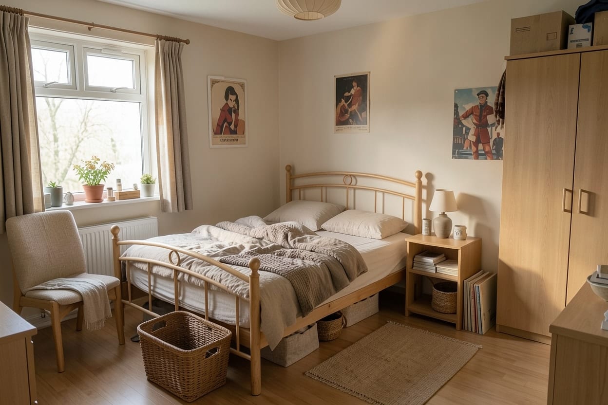 Schlafzimmer im Japandi-Stil mit niedrigem Holzbett, Leinenbettwäsche in Sand und Stein, Papierleuchte und fast leeren Ablagen