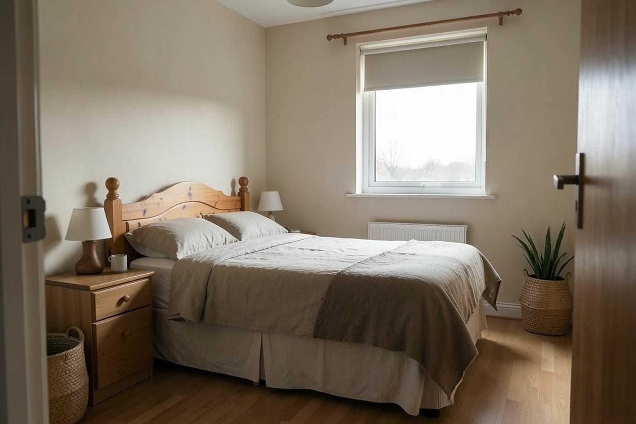 The same bedroom in Japandi style, with the bed and window where they were and calm natural materials