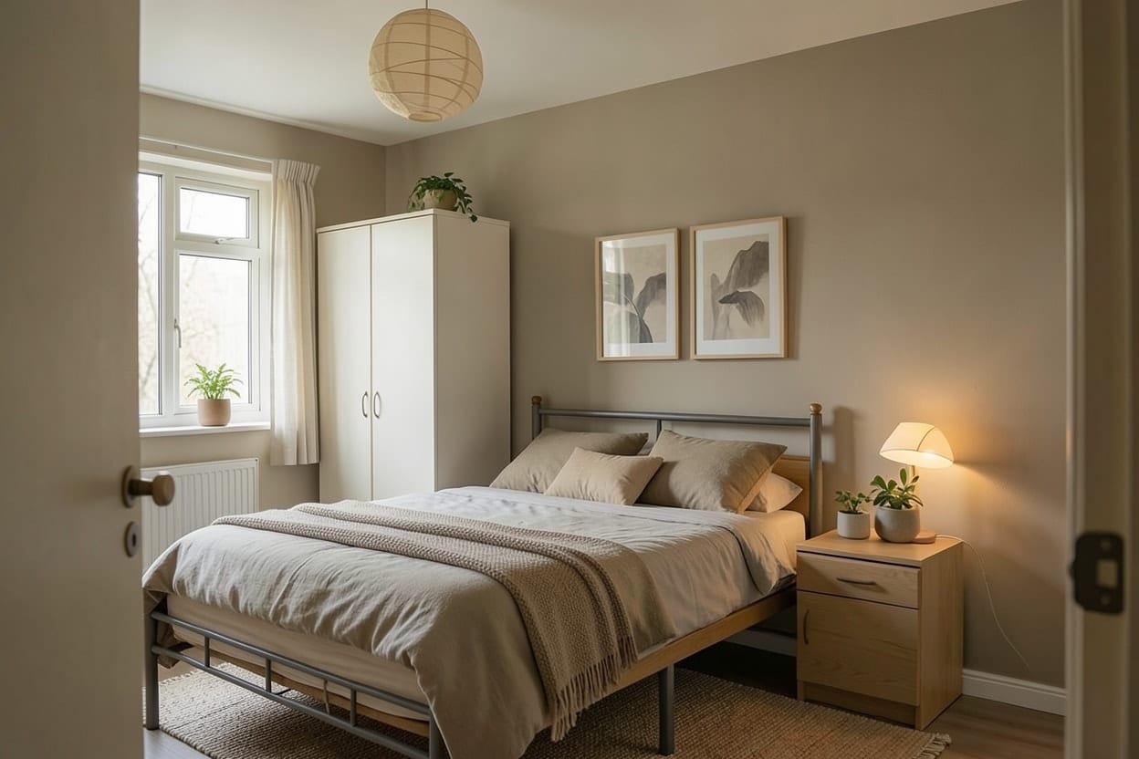 The same bedroom refreshed in Japandi style with linen bedding, a paper lamp and a low wooden side table