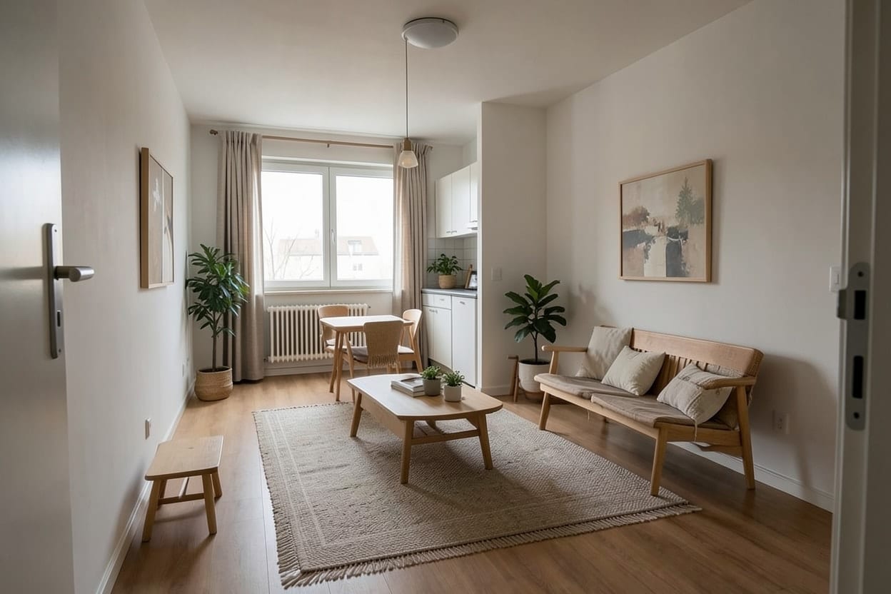 The same studio furnished in Japandi style with a low oak bed, a linen sofa and paper lamps