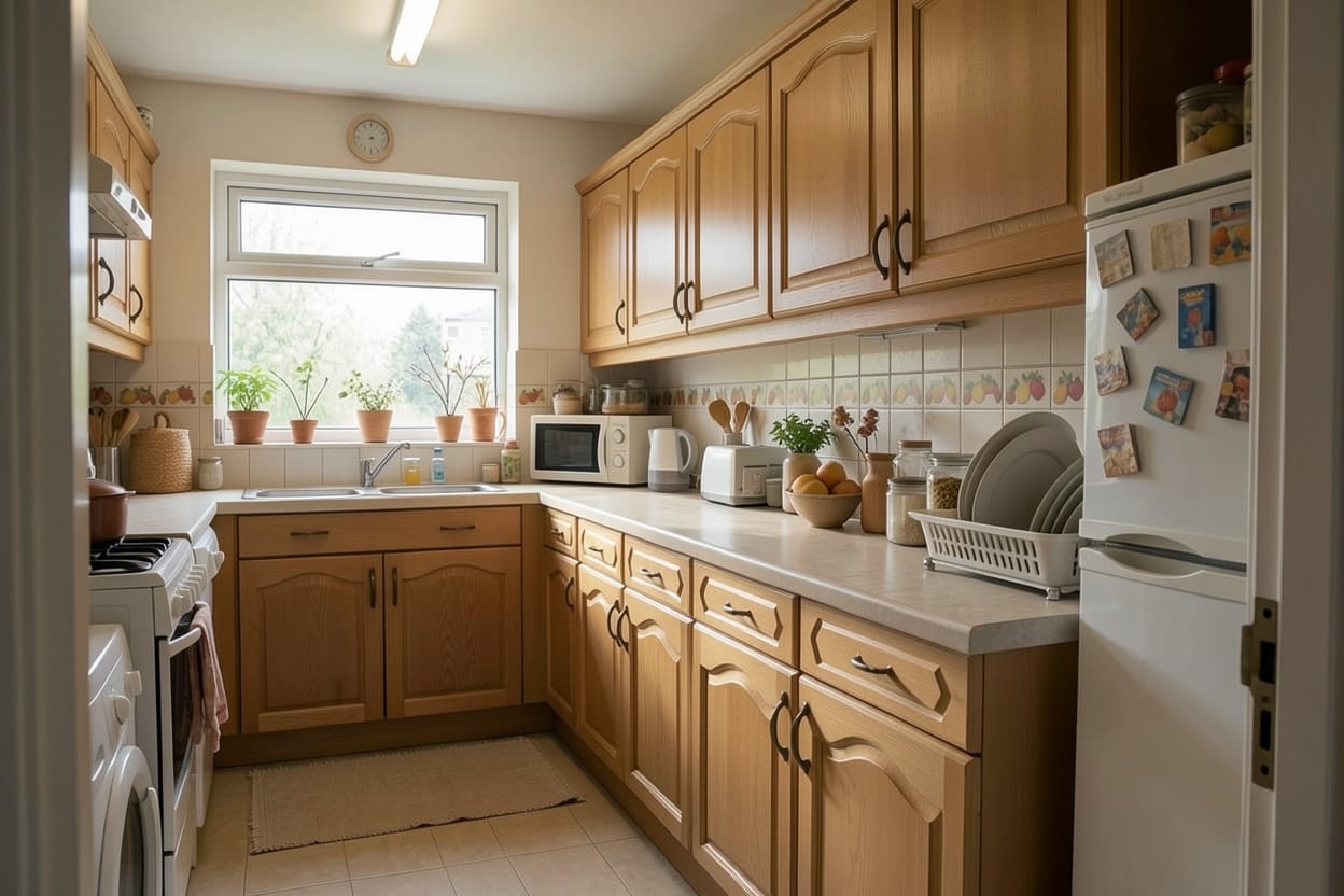 Dapur yang sama dalam gaya Japandi dengan lemari kayu muda dan putih tanpa gagang, satu rak terbuka, dan meja dapur kosong