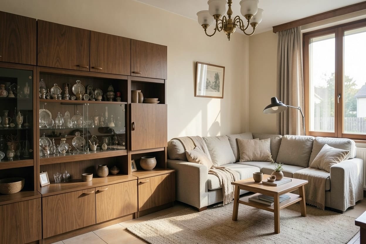 Un soggiorno in stile japandi con divano basso in lino, legno chiaro e luce morbida del pomeriggio