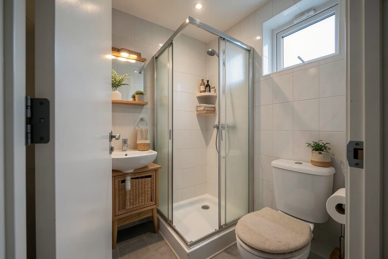 Baño pequeño de estilo japandi con madera clara, revestimiento de piedra y luz cálida, con la ducha en la misma esquina
