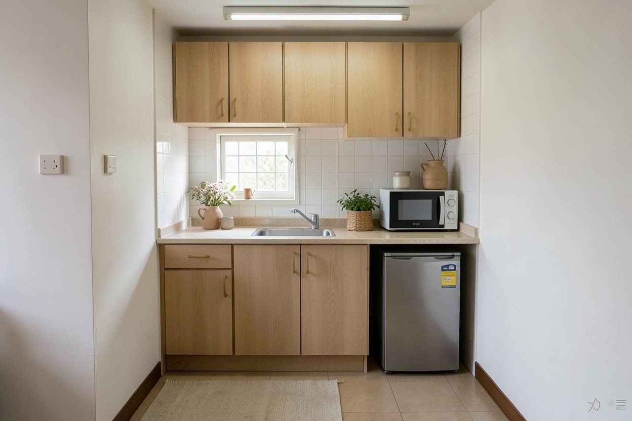 Ang parehong kitchenette sa istilong Japandi na may maputlang kahoy na cabinet, simpleng counter at mainit na ilaw