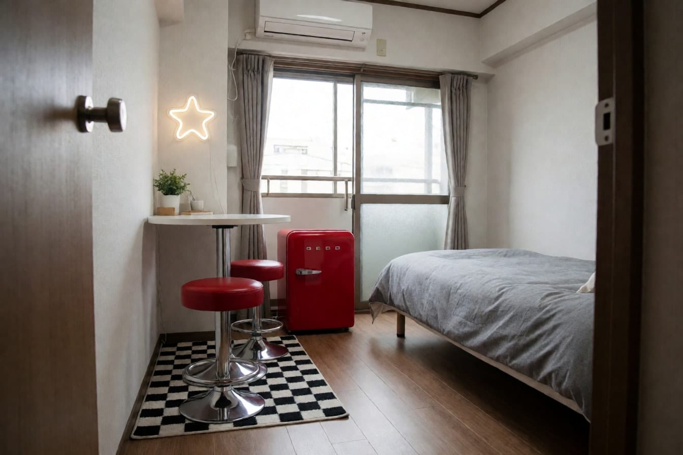 1Kの部屋の窓際に、市松模様のラグと白い丸テーブル、赤いスツール2脚、赤いミニ冷蔵庫を置いたダイナーコーナー