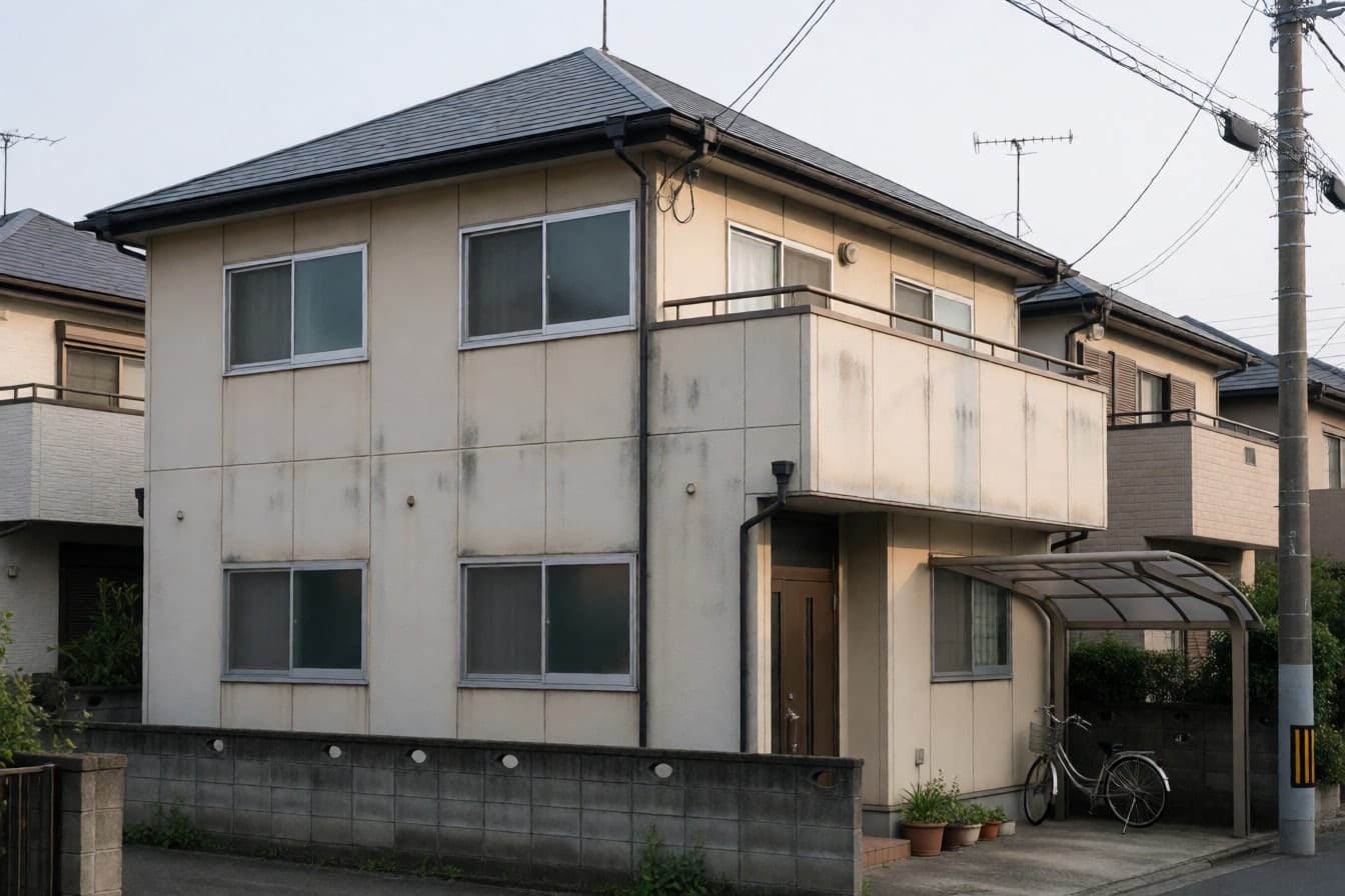 色あせたベージュのサイディングに雨だれが残る、築20年ほどの2階建て住宅とカーポート