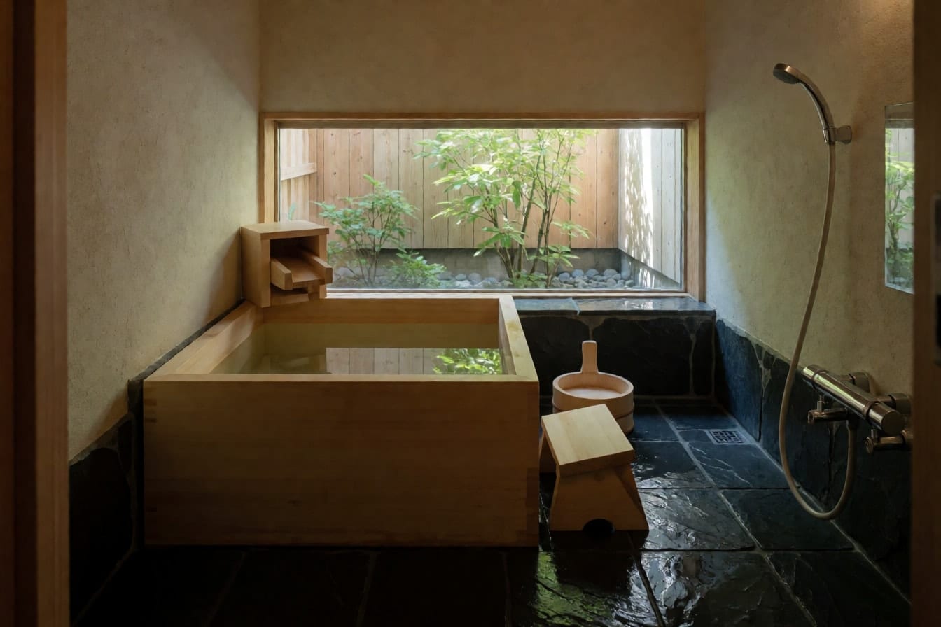 Baño de estilo japonés con bañera cuadrada de madera, taburete, suelo de pizarra y ventana baja a un jardín