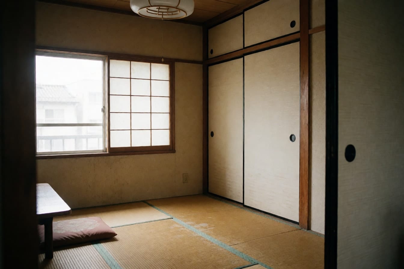 日焼けした畳とふすまの押入れ、障子窓がある古いマンションの和室
