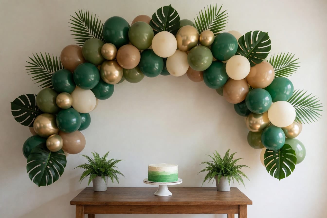 Kalahating balloon arch na berde, olive, tan at gold na may dahon ng palmera at monstera sa ibabaw ng kahoy na mesa ng cake