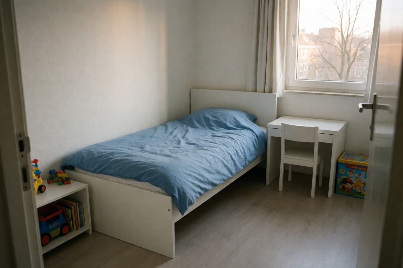 Παιδικό δωμάτιο με μονό κρεβάτι και μπλε πάπλωμα, λευκό γραφείο, κουτί με παιχνίδια και χαμηλό ράφι με βιβλία