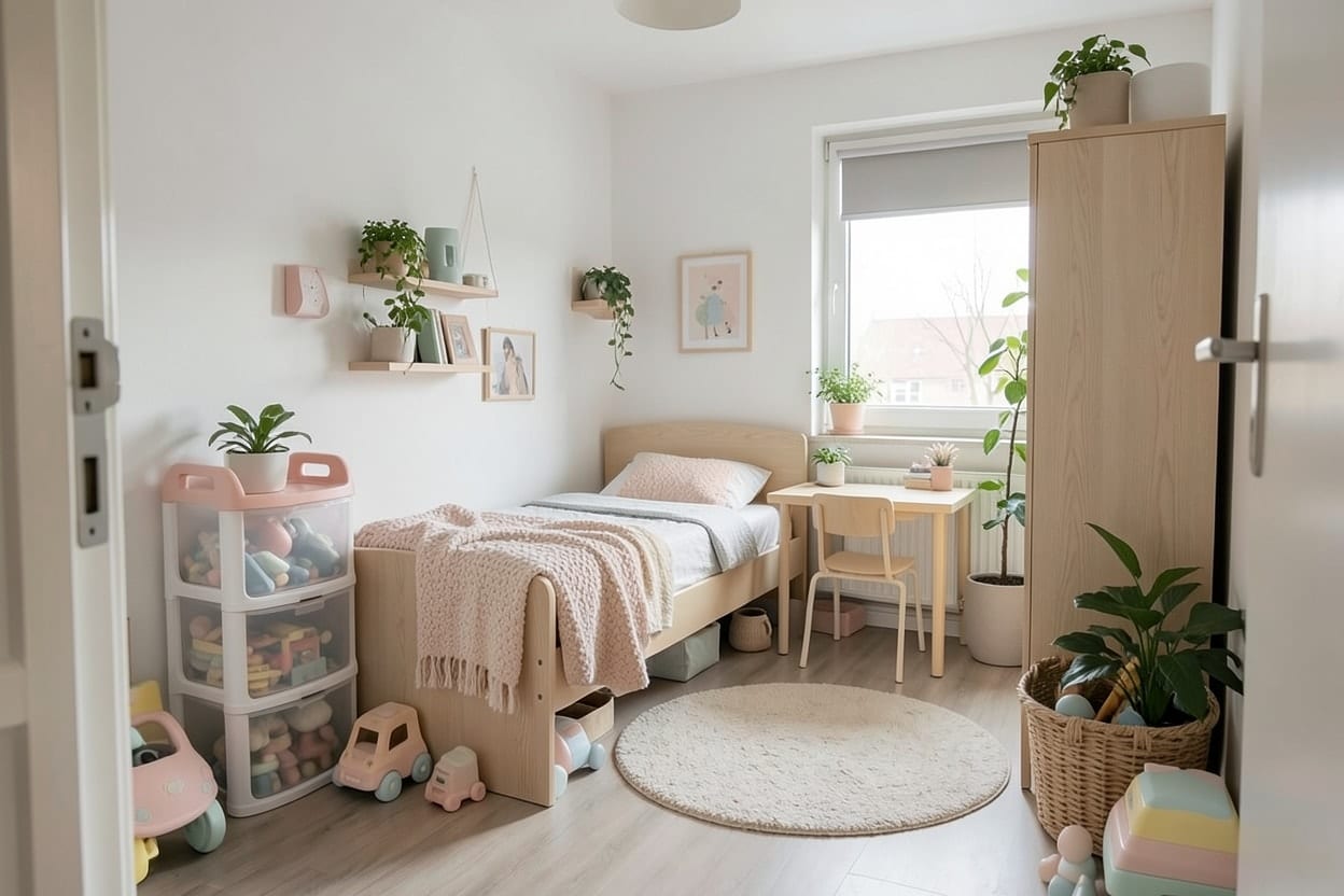 La misma habitación infantil rediseñada en estilo escandinavo con colores pastel y almacenaje bajo