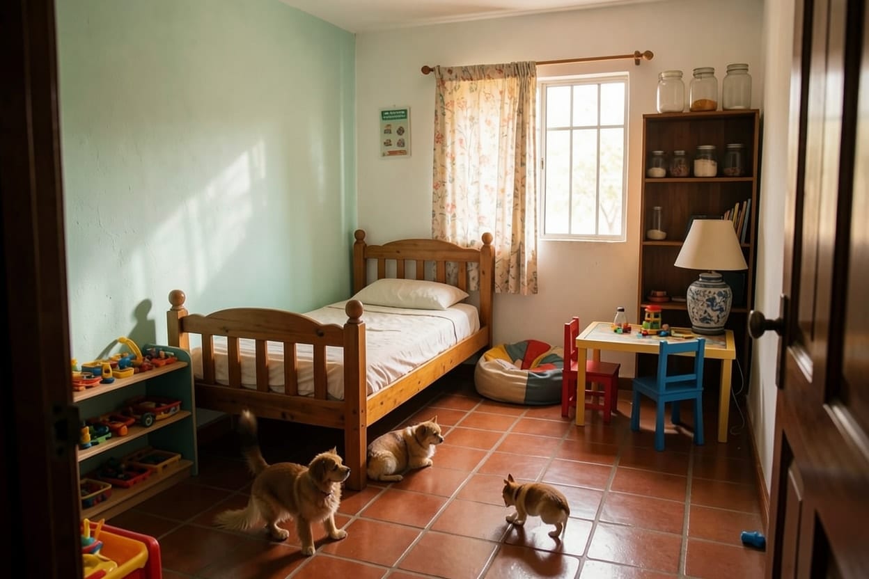 A crowded kids room in a family house, rearranged for Kids and pets, with more open floor to play on.