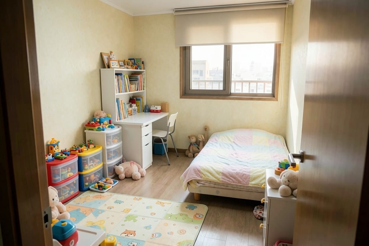 침대와 책상, 장난감 수납함을 벽쪽으로 붙여 가운데 바닥이 비워진 아이 방