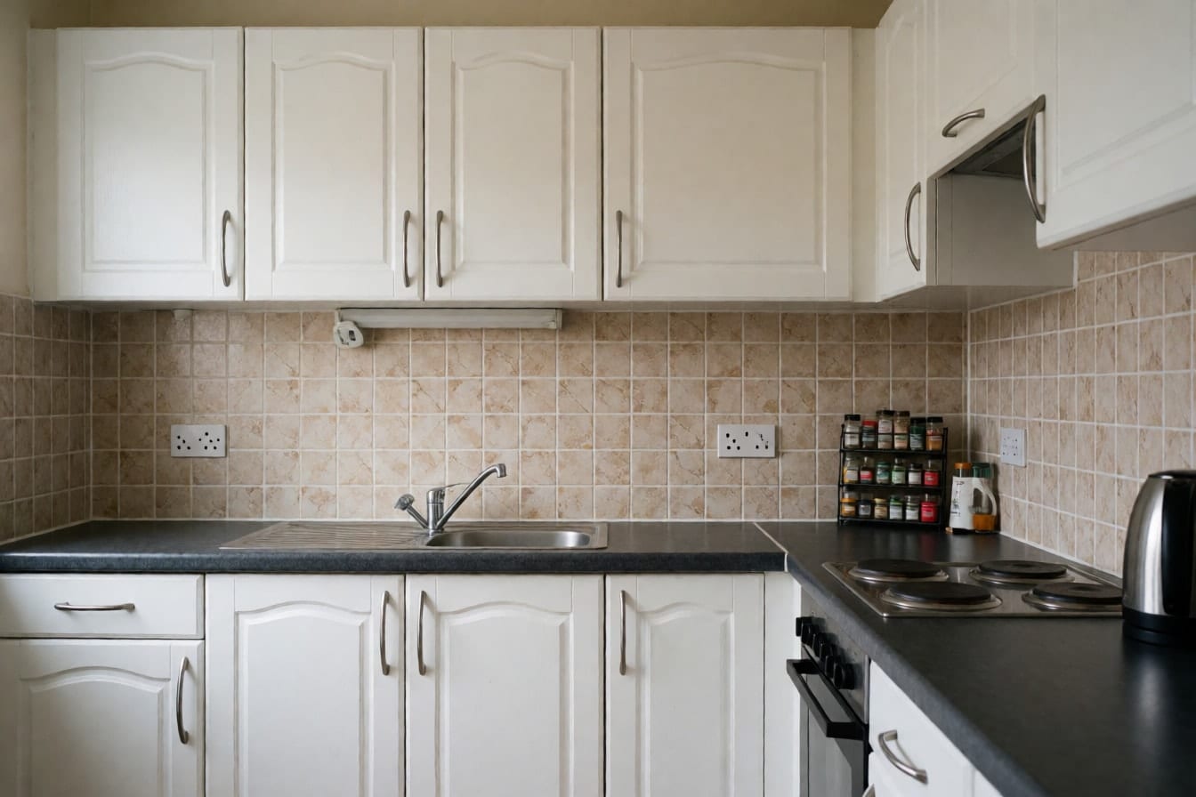 Tuwid na hanay ng kusina na may puting cabinet at lumang backsplash na maliliit na beige at brown na marbled na tiles