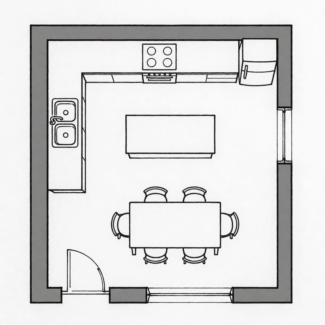 Itim at puting 2D na floor plan ng kusina at kainan na may L-shaped na cabinet, island at mesang may anim na upuan
