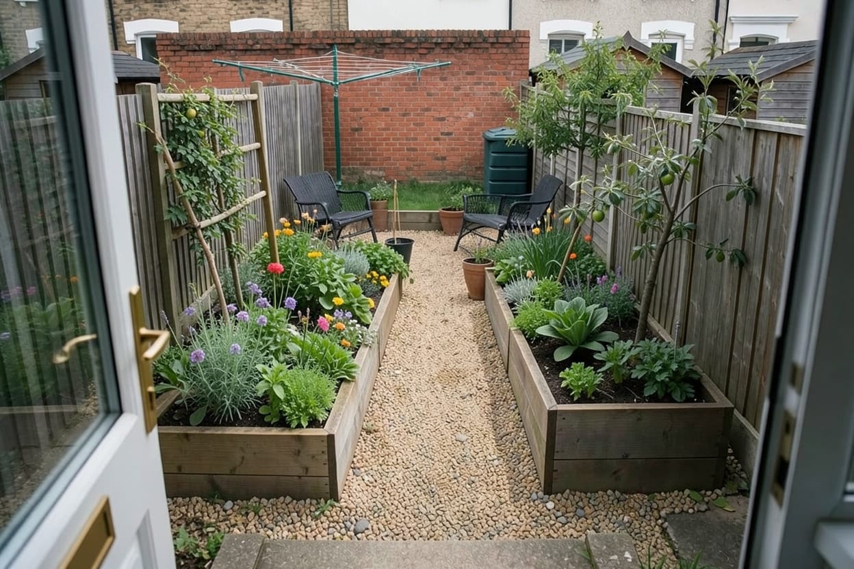 A narrow back garden behind a terraced house, redesigned as a Kitchen garden.