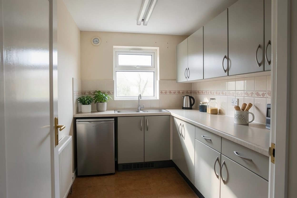 Dezelfde keuken in moderne stijl, met de kastjes en de spoelbak op dezelfde plek
