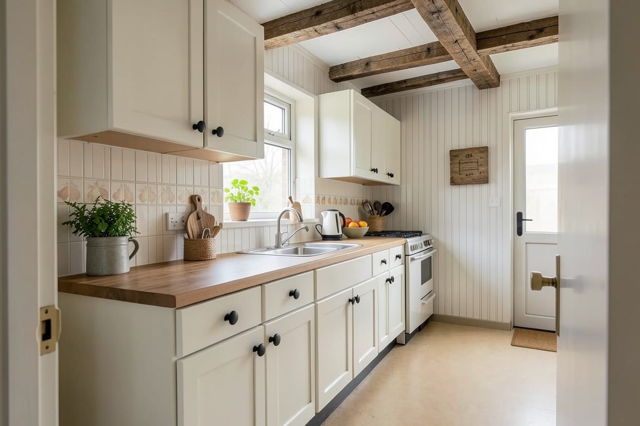 La misma cocina renovada en estilo rústico, con el fregadero bajo la ventana, frentes nuevos, encimera de madera y azulejo claro