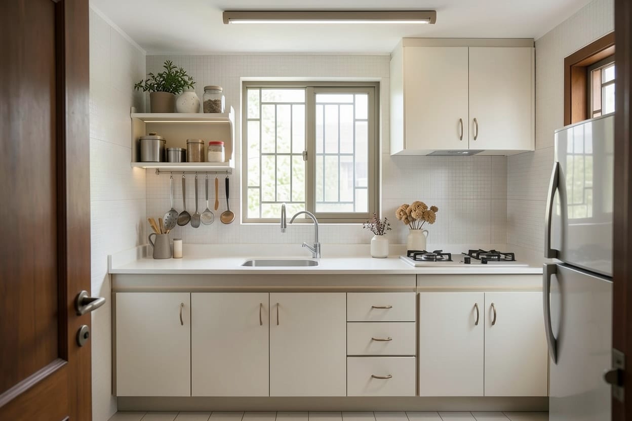 Dapur yang sama dalam gaya moden berona putih hangat, kaunter dan tingkap di tempat asal