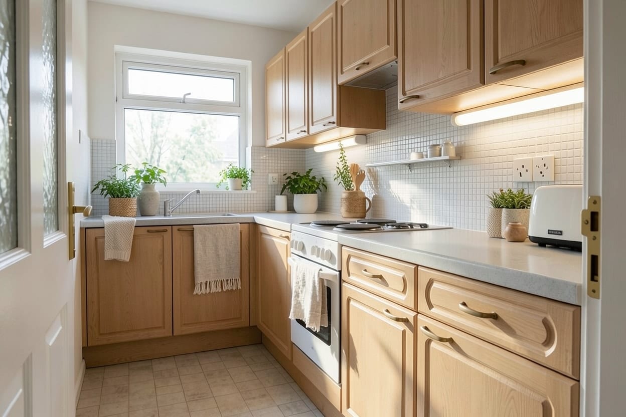 The same kitchen renovated in Scandinavian style, cabinets in the same places with new pale fronts, a fresh worktop and brighter lighting