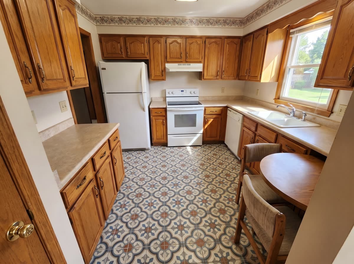 Una cucina con mobili in rovere e un pavimento di cementine decorate blu e terracotta