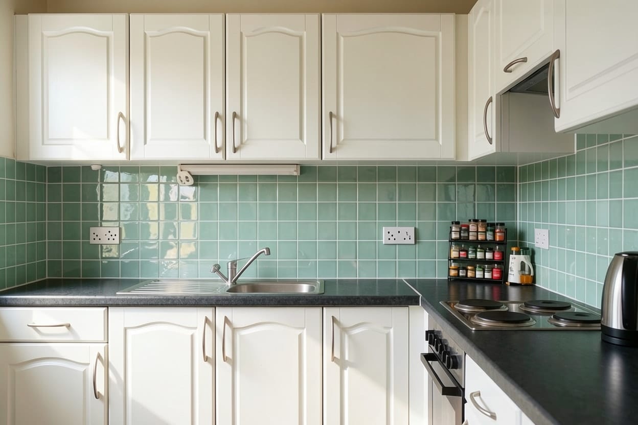 Ang parehong kusina na may bagong backsplash na makintab na zellige na tiles sa pagitan ng counter at wall cabinet