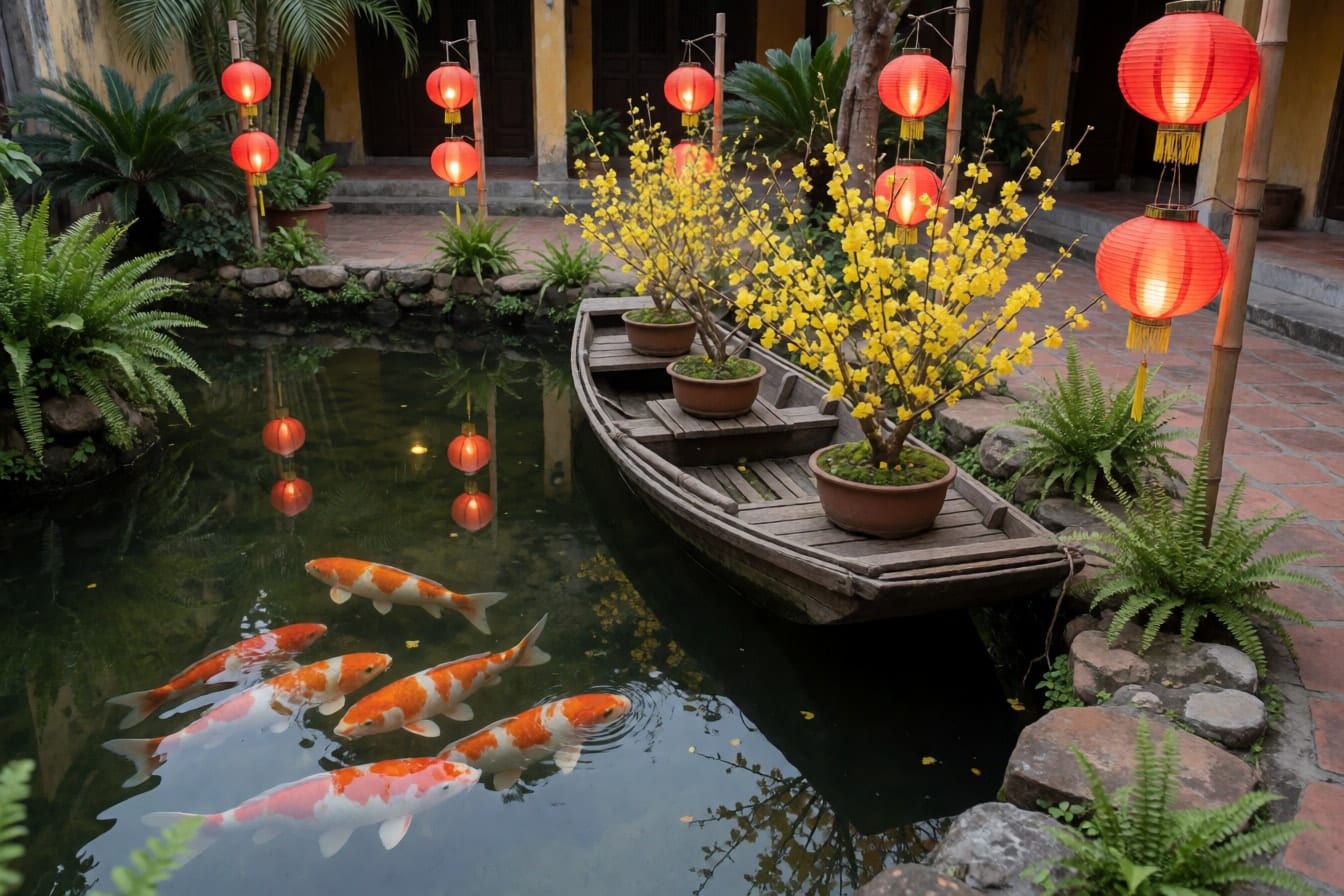Hồ cá koi trong sân vườn miền Nam, thuyền gỗ cũ neo bên bờ đá chở ba chậu mai vàng, đèn lồng đỏ treo trên sào tre phản chiếu xuống nước lúc chiều tối