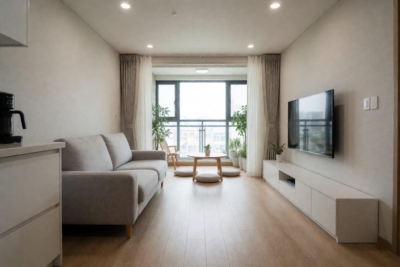 오크 느낌 마루와 낮은 회색 소파, 길고 낮은 흰 TV장, 유리로 된 확장 발코니가 있는 미니멀한 아파트 거실