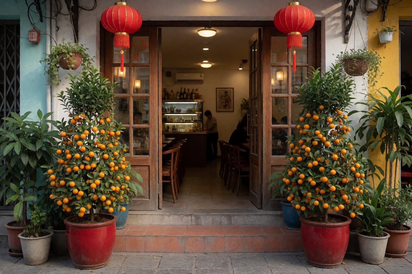 Lối vào quán cà phê với hai chậu quất sai quả màu cam trong chậu men đỏ hai bên cửa gỗ kính, đôi đèn lồng đỏ treo phía trên