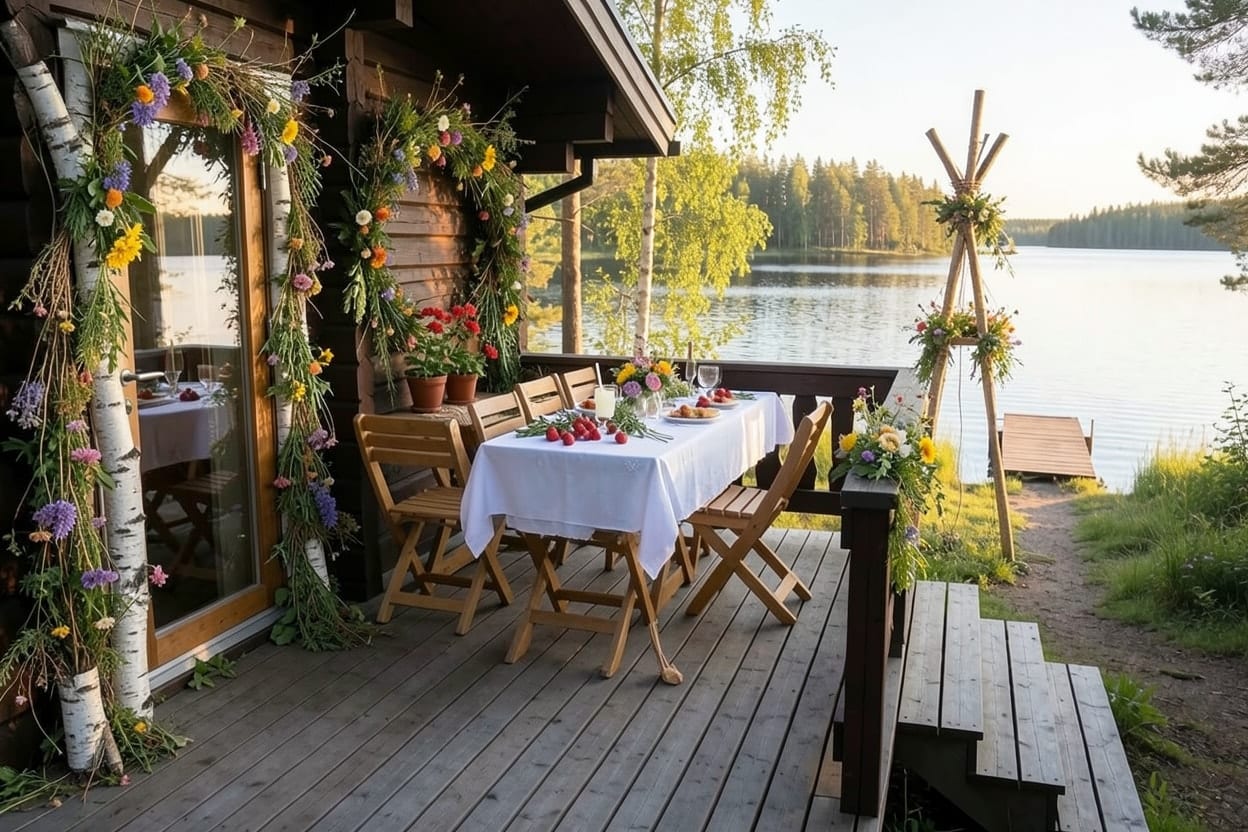 The wooden deck of a lakeside summer cabin in the evening sun, decorated outdoors for Midsummer.