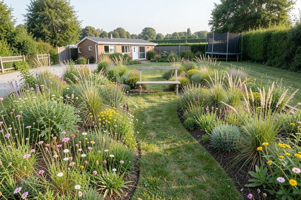 Hetzelfde grote gazon als bloeiende bloemenweide met een gemaaid pad naar een kleine zitplek