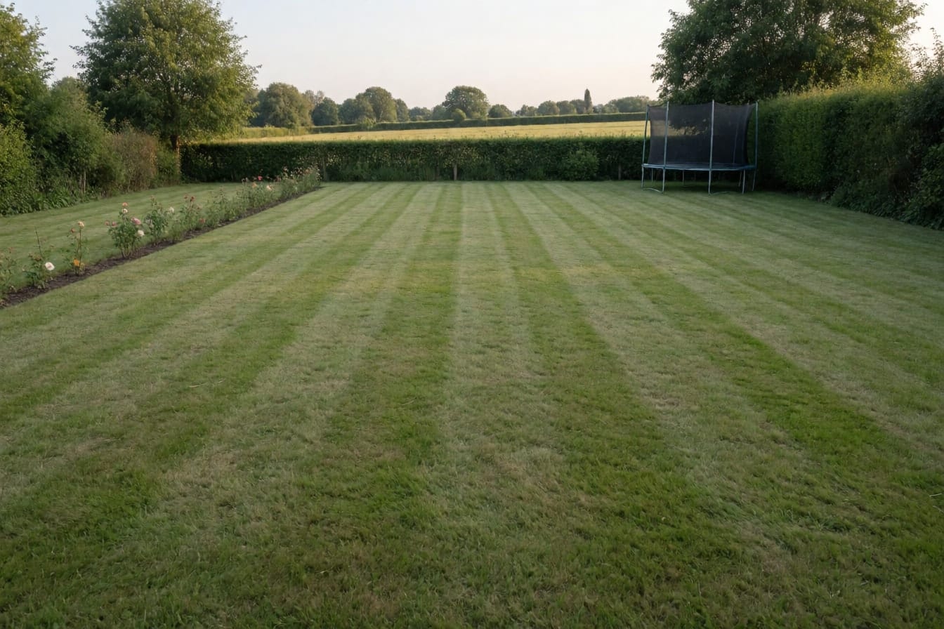 Groot gemaaid gazon achter een vrijstaand huis met een smalle rozenborder, het frame van een trampoline en een haag met bomen in de verte