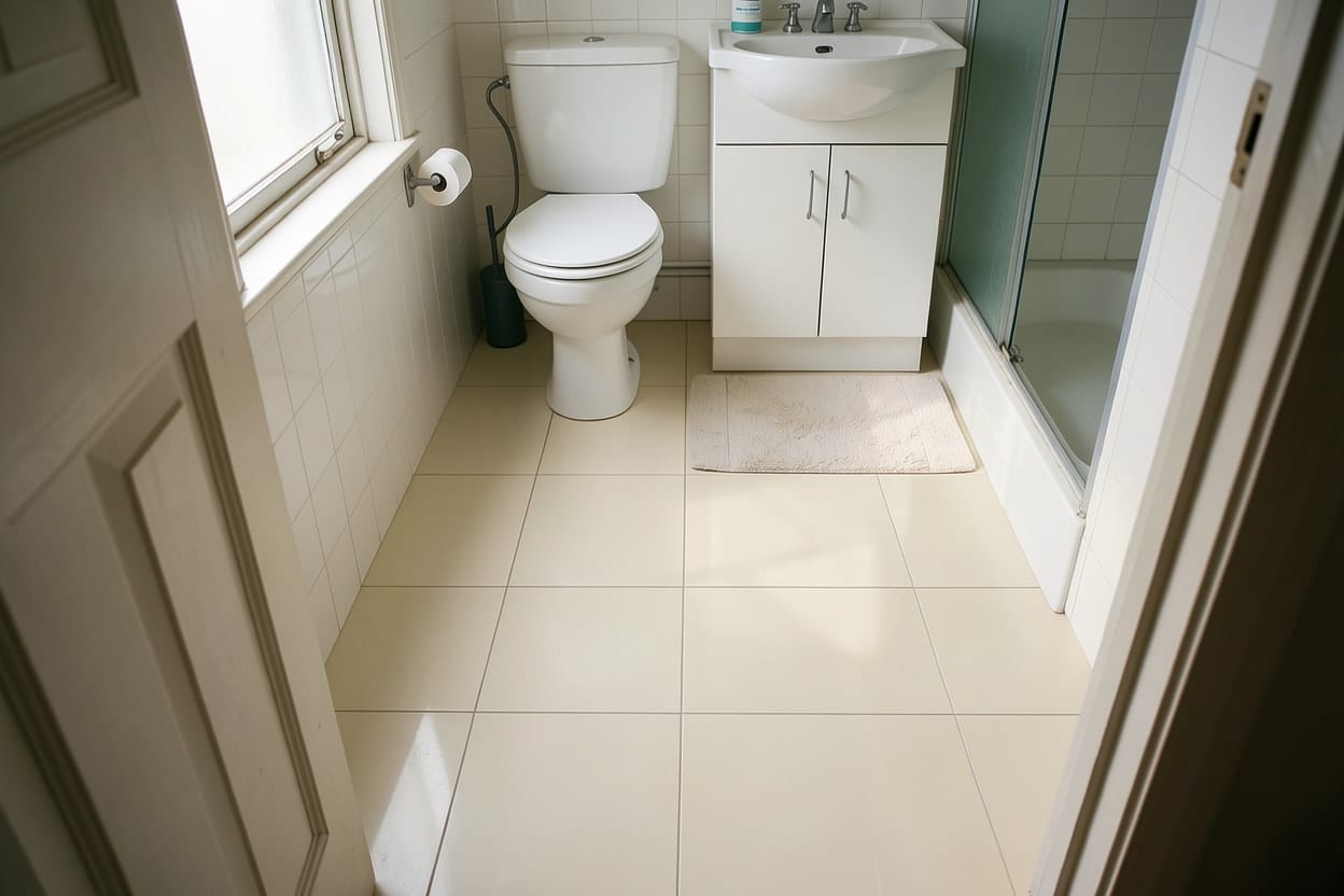Piso de banheiro pequeno trocado por porcelanato claro de grande formato com juntas finas