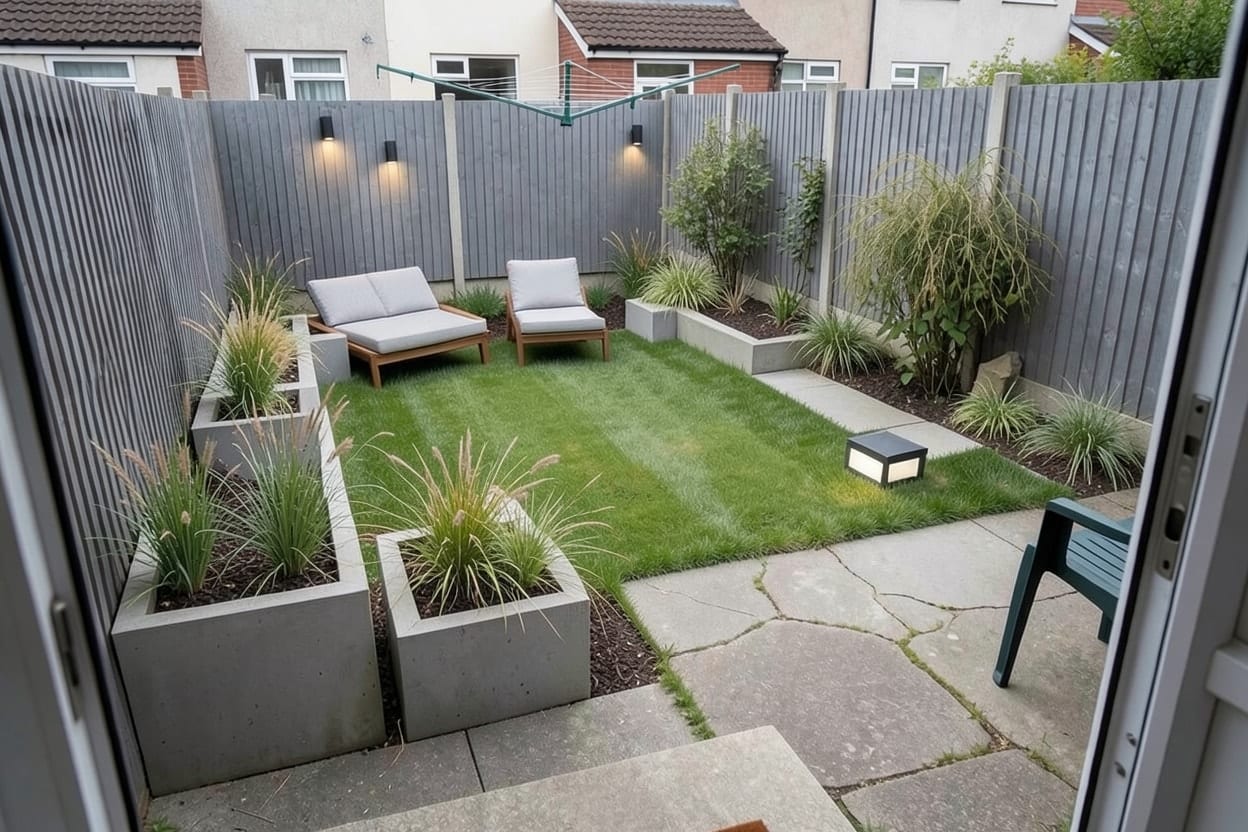 Giardino sul retro ridisegnato in stile moderno, con grandi lastre in gres, un prato dalla forma netta, graminacee, un albero multitronco e una seduta in muratura