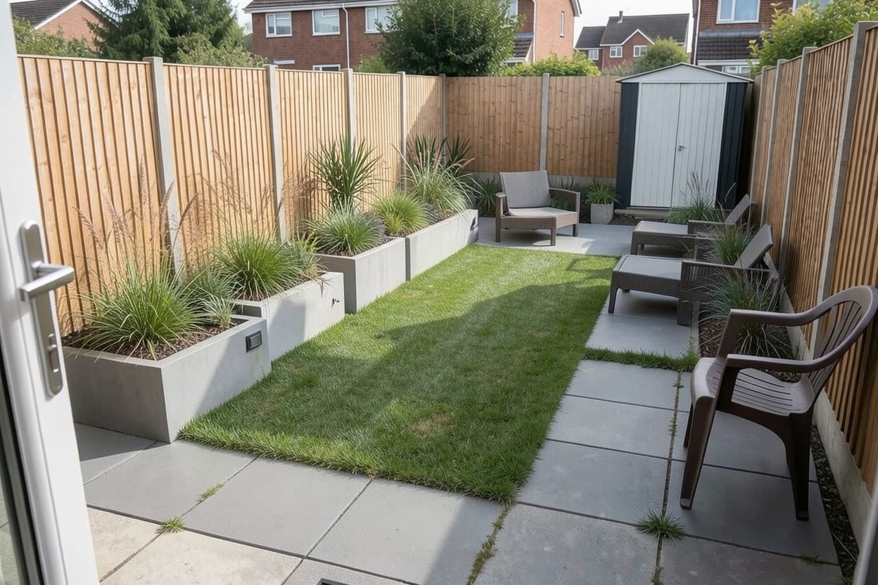 Dezelfde achtertuin als moderne tuin met een terras van grote tegels, strakke verhoogde borders met siergrassen en een recht pad langs het gazon