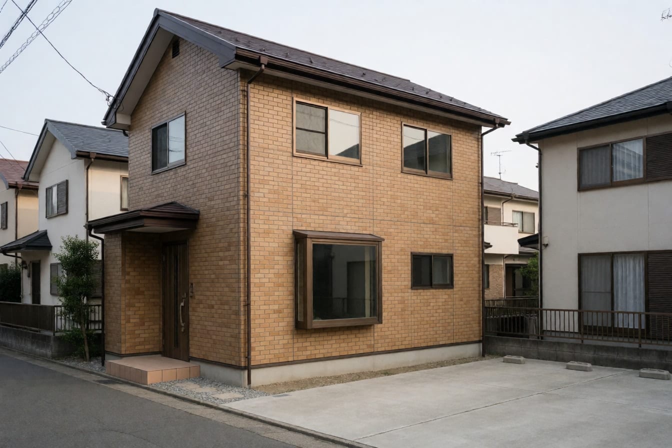 茶色いレンガ調サイディングと切妻屋根の2階建て住宅