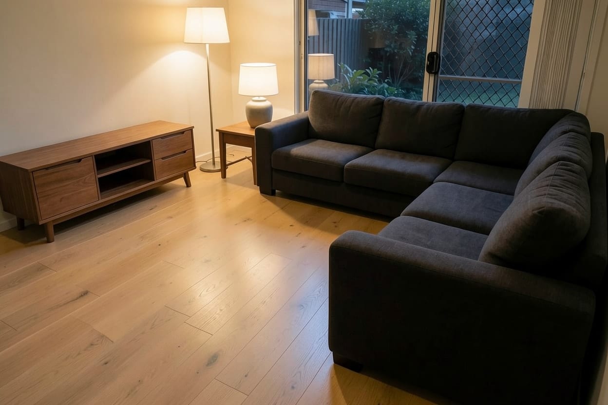 A Sydney family living room in the evening, its beige carpet changed to Light oak.