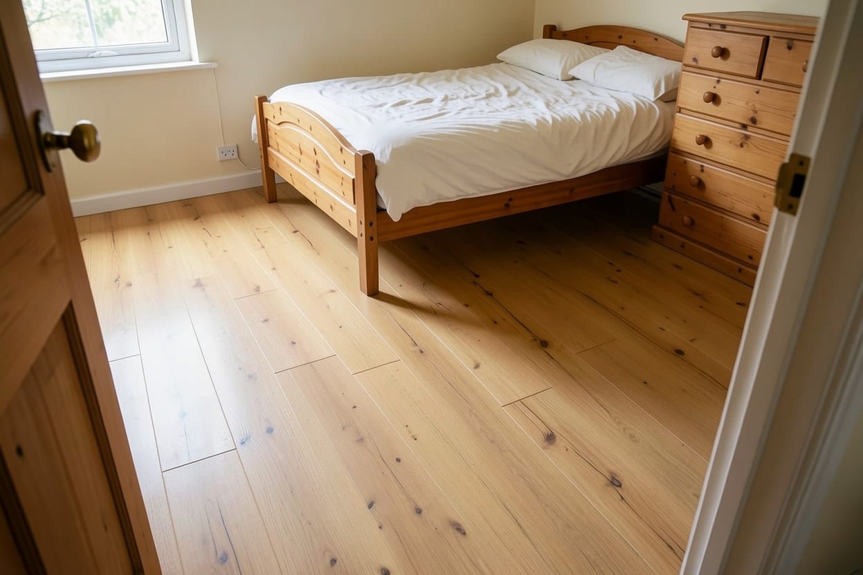 The same bedroom with light oak floorboards in place of the carpet