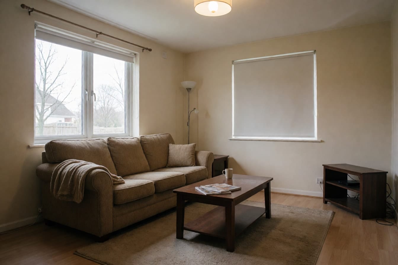 A plain living room with a tan fabric sofa, a dark coffee table, beige walls, roller blinds and a worn rug