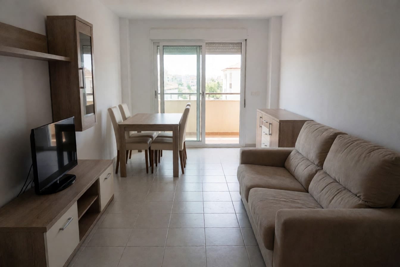 Sala de estar e jantar integradas com sofá bege, rack de TV e mesa de jantar encostados nas paredes e o centro vazio
